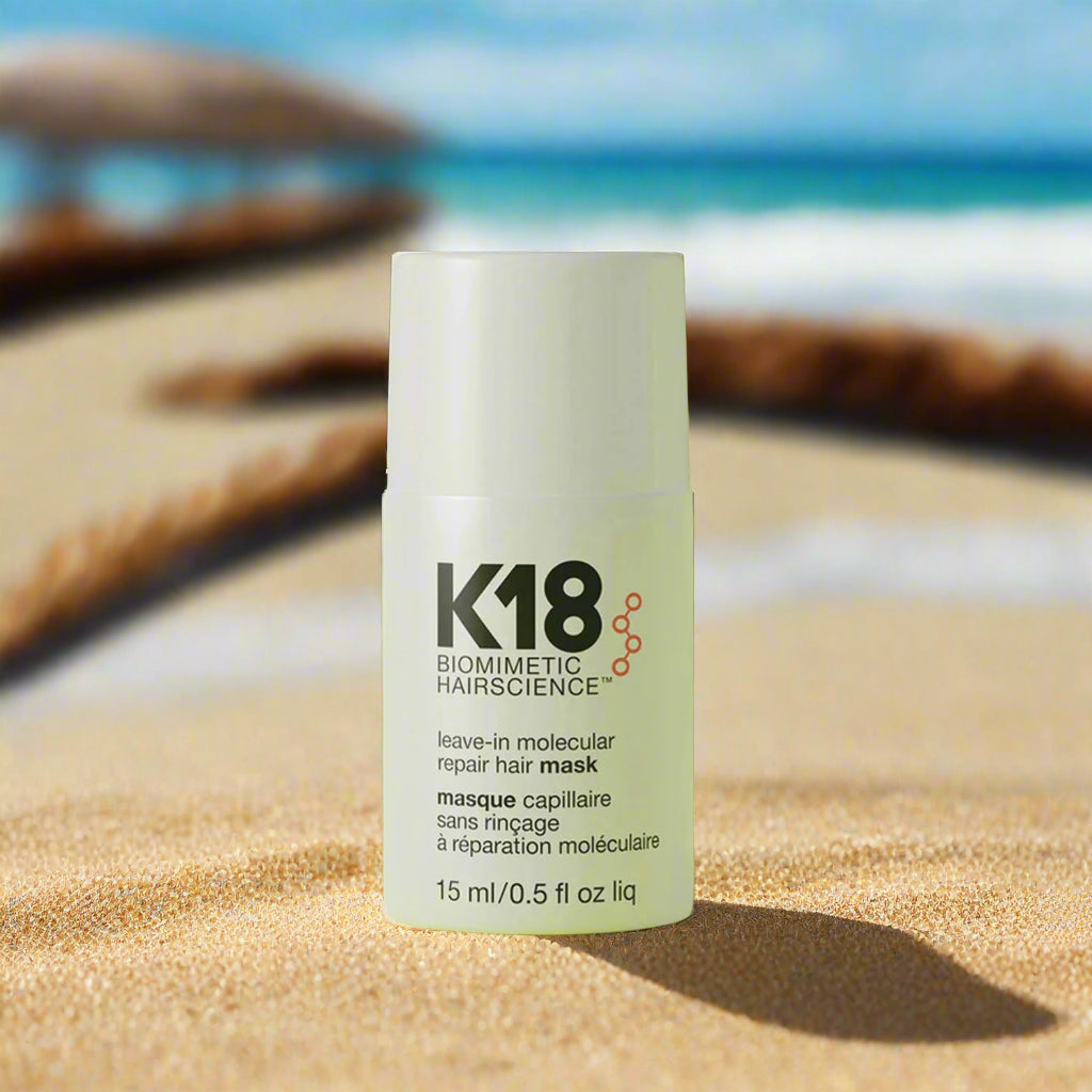 K18 leave-in hair mask in a 15ml bottle, designed for repairing and nourishing hair.