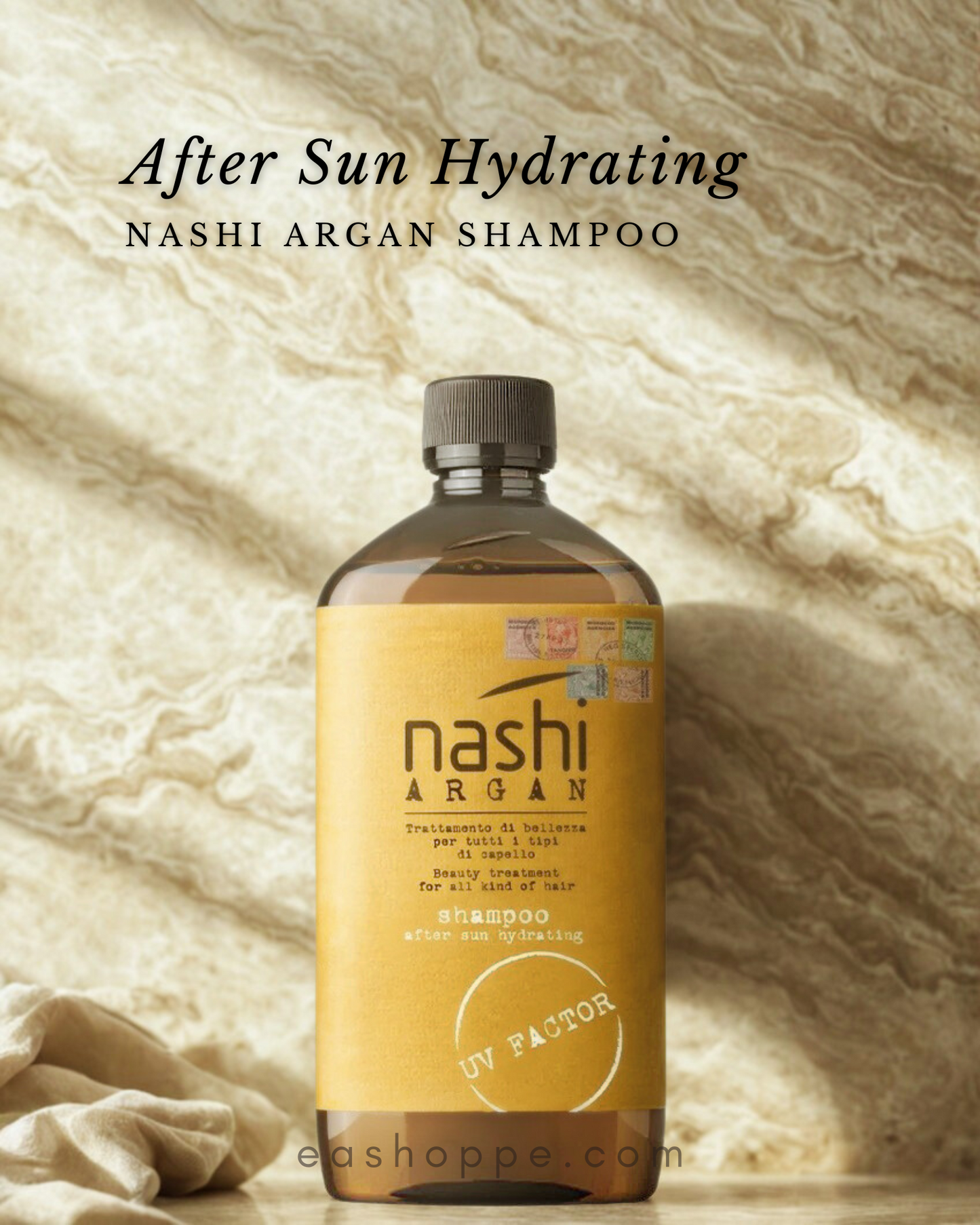 Nashi Argan after sun shampoo in a sleek bottle designed for restoring sun-damaged hair